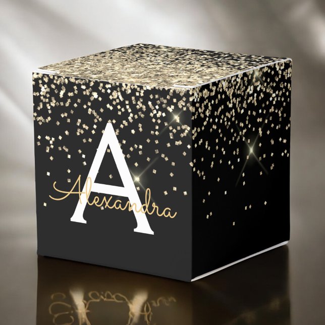 Gold Black Luxury Glitter Sparkle Monogram Favor Box (Creator Uploaded)