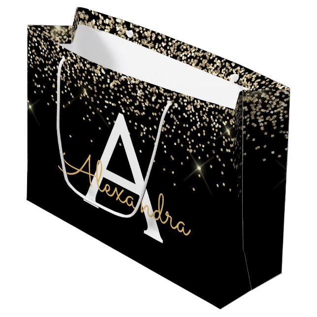 Gold Black Luxury Glitter Sparkle Monogram Large Gift Bag (Front Angled)