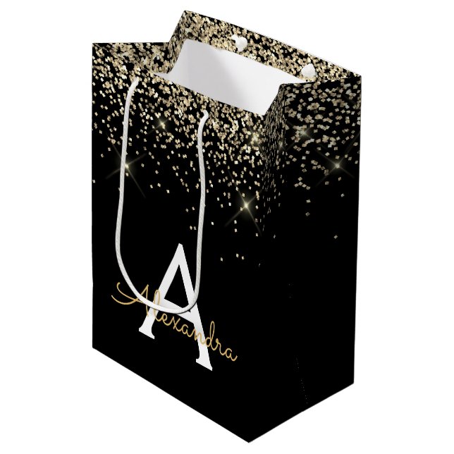 Gold Black Luxury Glitter Sparkle Monogram Medium Gift Bag (Front Angled)