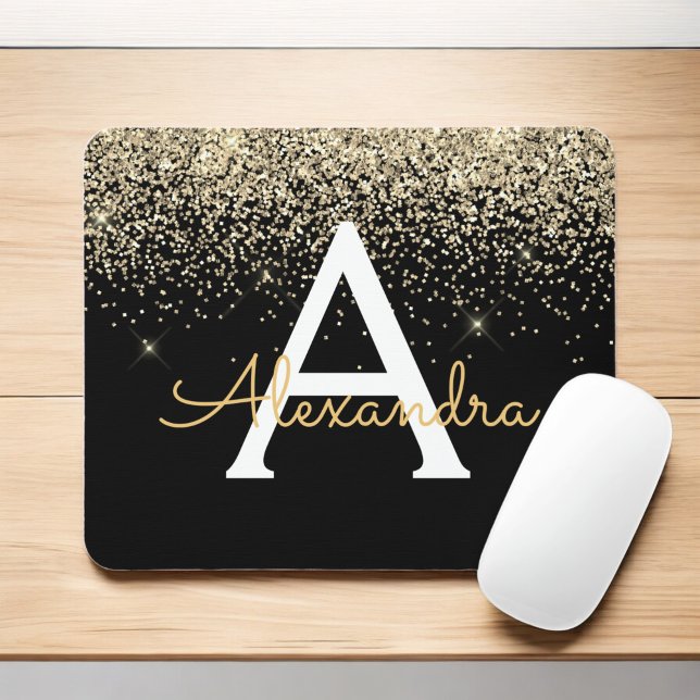 Gold Black Luxury Glitter Sparkle Monogram Mouse Pad (Creator Uploaded)