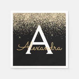 Gold Black Luxury Glitter Sparkle Monogram Napkin