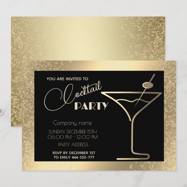 Gold black luxury holiday cocktail party  invitation (Front/Back)