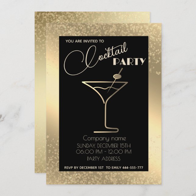 Gold black luxury holiday cocktail party  invitation (Front/Back)