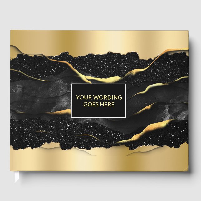 Gold black marble elegant agate chic wedding guest book (Front)