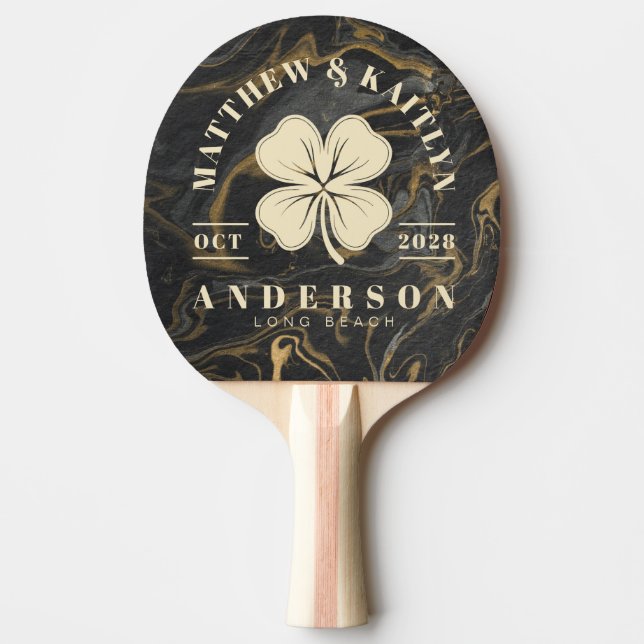 Gold Black Marble Irish Lucky Clover Wedding Crest Ping Pong Paddle (Front)