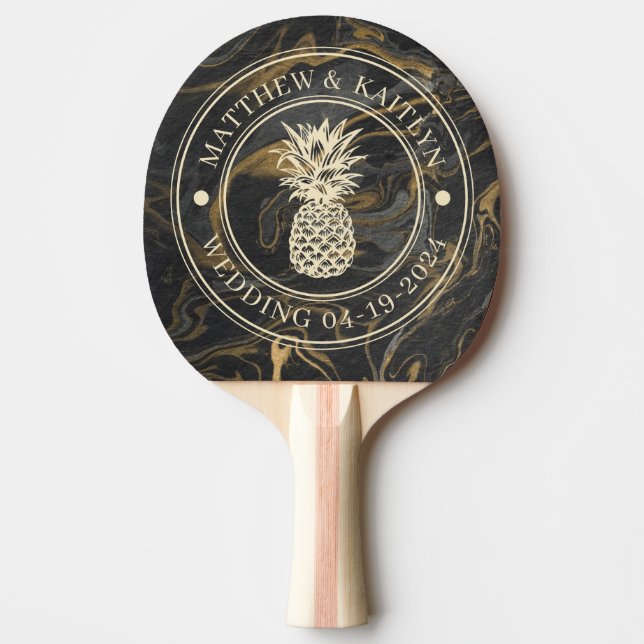 Gold Black Marble Pineapple Wedding Crest & Names Ping Pong Paddle (Front)