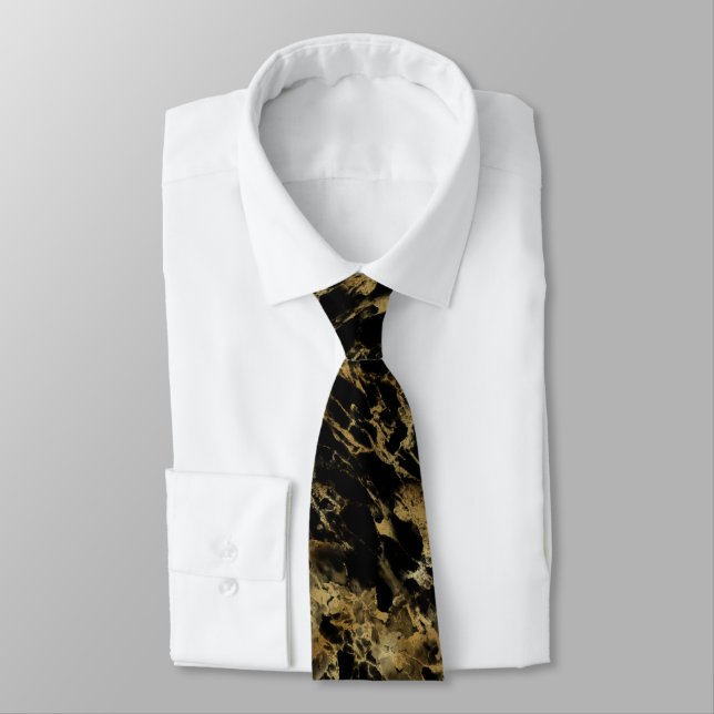 Gold Black Marble Swirl Abstract Pattern Men's  Tie (Tied)