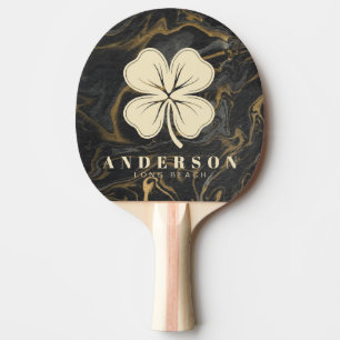 Gold Black Marble Swirl Four Leaf Clover with Name Ping Pong Paddle