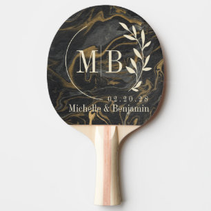 Gold Black Marble Swirl Leaf Wedding Monogram Ping Pong Paddle