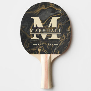 Gold Black Marble Swirl Monogram & Name Overlay Ping Pong Paddle