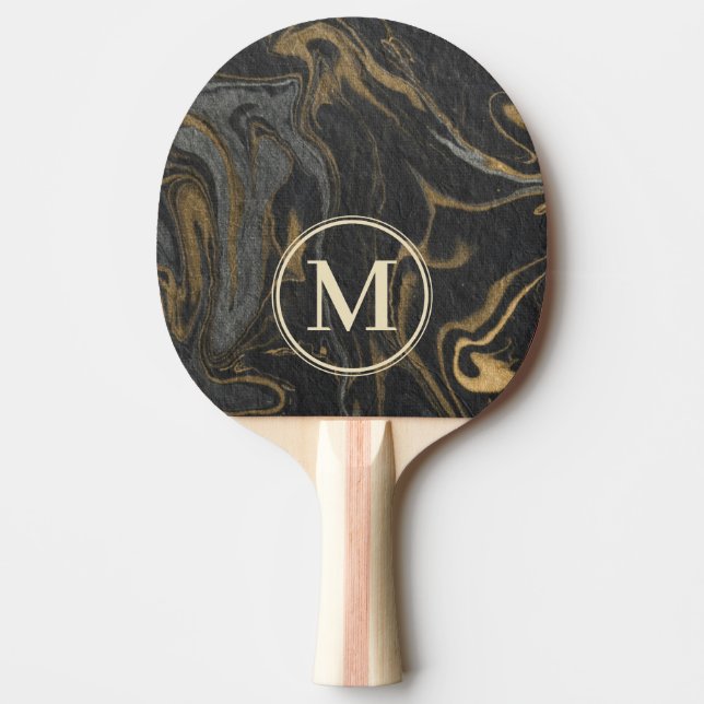 Gold Black Marble Swirl Stone Monogram Ping Pong Paddle (Front)
