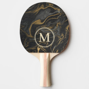 Gold Black Marble Swirl Stone Monogram Ping Pong Paddle