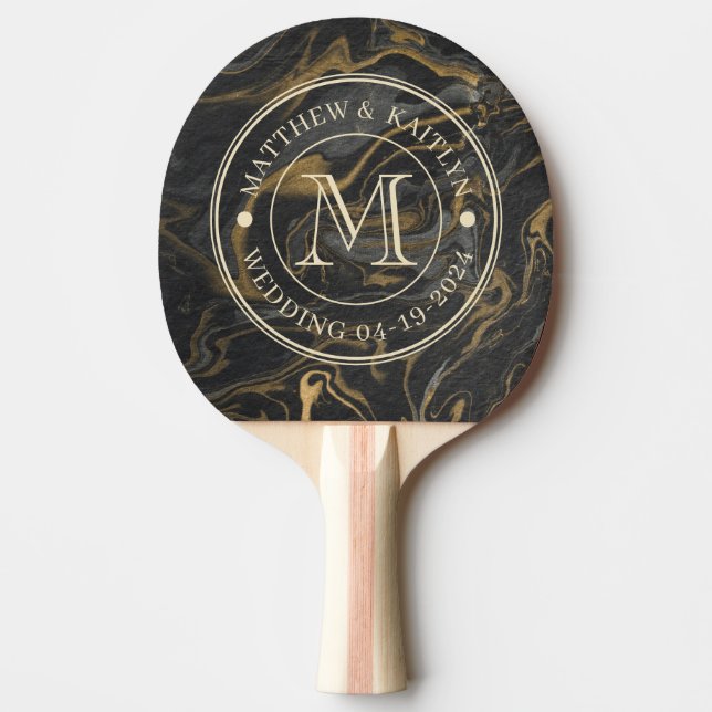 Gold Black Marble Swirl Stone Wedding Monogram Ping Pong Paddle (Front)