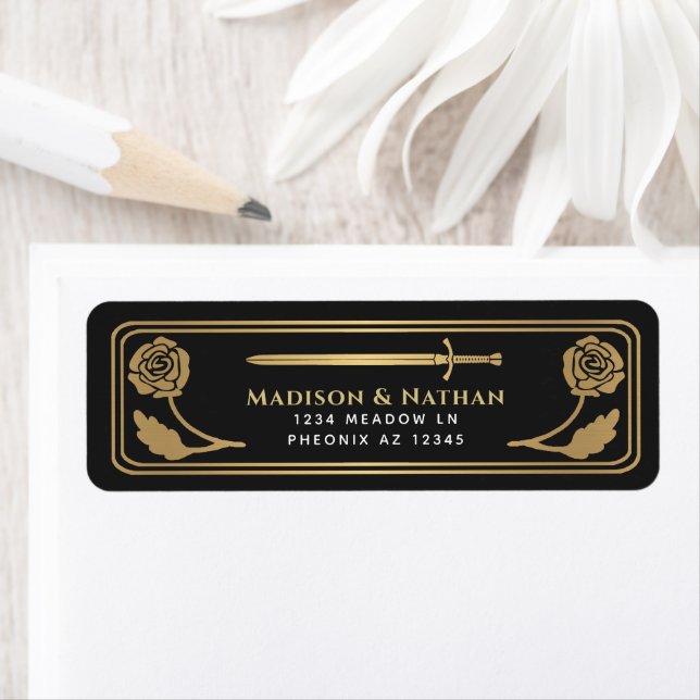 Gold Black Medieval Fantasy Sword Wedding Label (En situation)