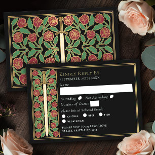 Gold Black Medieval Floral Sword Wedding RSVP Card