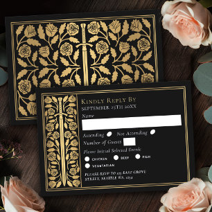 Gold Black Medieval Sword Wedding RSVP Card