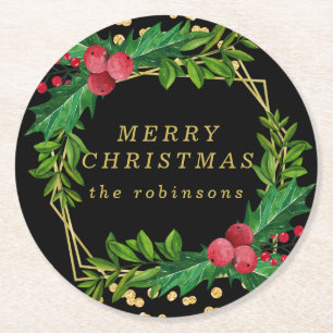 Gold Black Merry Christmas Party Holly Glitter Round Paper Coaster