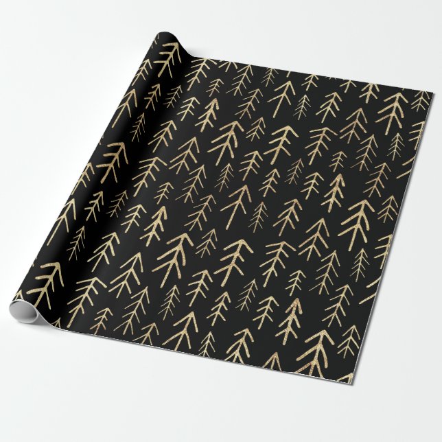 Gold Black Merry Tree Pattern Wrapping Paper (Unrolled)