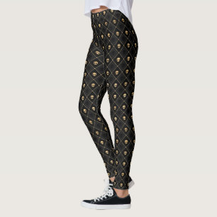 Gold Black Mini Skulls Black Grey Diamond Pattern Leggings