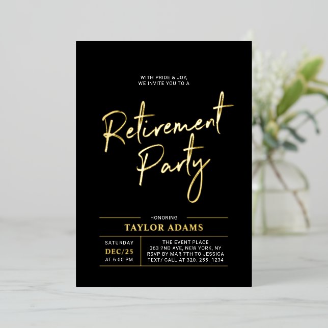 Gold & Black Modern Brush Script Retirement Party (Standing Front)