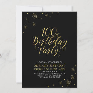 Gold & Black   Modern Chic 100th Birthday Party Invitation