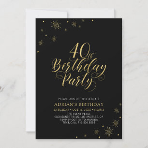 Gold & Black   Modern Chic 40th Birthday Party Invitation
