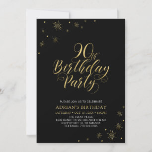 Gold & Black   Modern Chic 90th Birthday Party Invitation