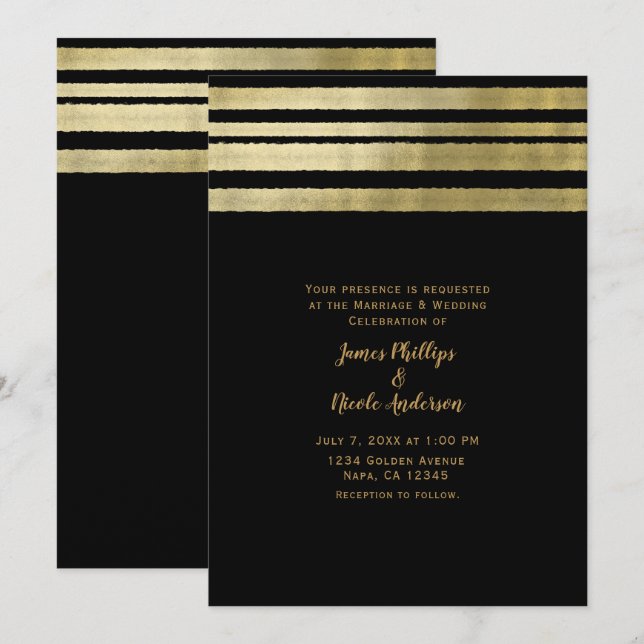 Gold & Black Modern Chic Elegant Wedding Invitation (Front/Back)
