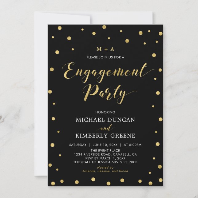Gold & Black | Modern Confetti Engagement Party In Invitation (Front)