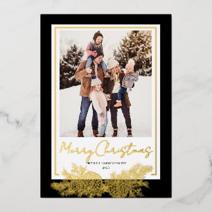 Gold Black Modern Elegant Family Photo Christmas Foil Holiday Card