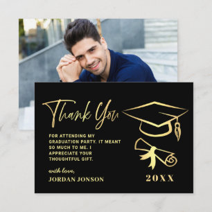 Gold Black Modern Graduation PHOTO Thank You Card