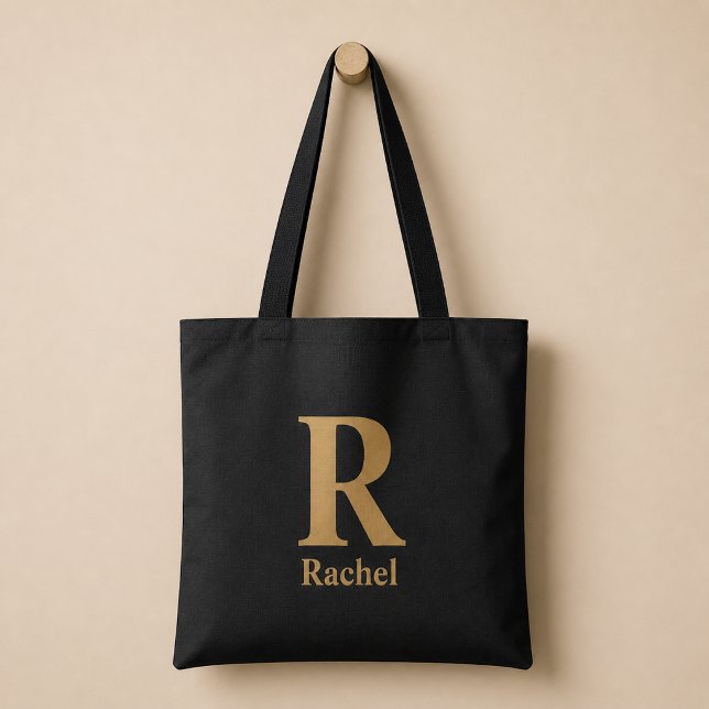 Gold/ Black Modern Minimal Monogram Name Tote Bag (Creator Uploaded)