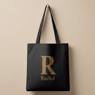 Gold/ Black Modern Minimal Monogram Name Tote Bag