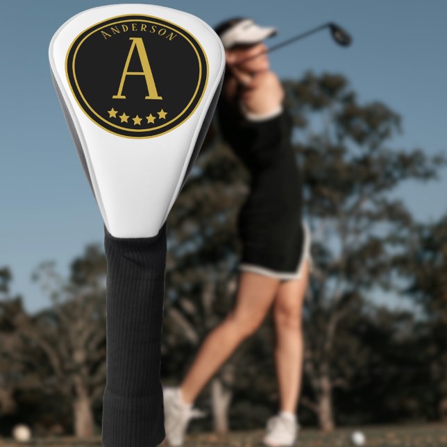 Gold Black Modern Monogram stars custom name white Golf Head Cover (Creator Uploaded)