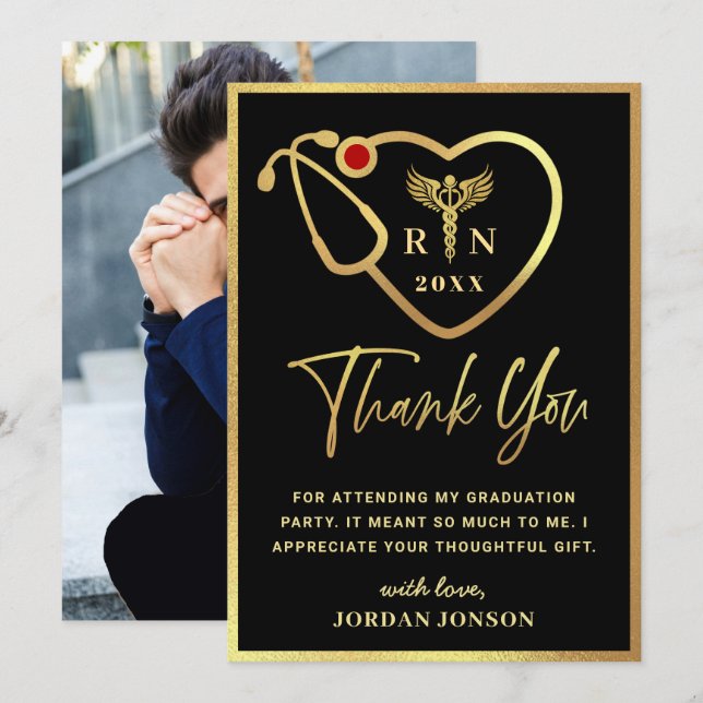 Gold Black Modern Nursing School Graduation Thank You Card (Front/Back)