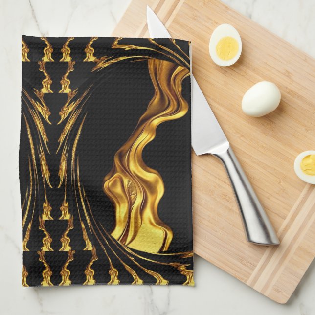 Gold Black Monochrome Design Opulent Swirl Liquid  Kitchen Towel (Quarter Fold)