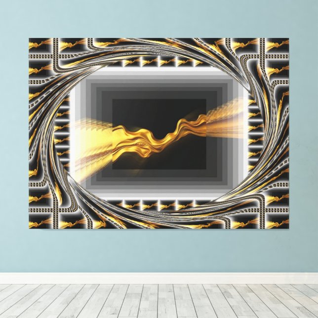 Gold Black Monochrome Opulent Swirl Liquid Achempo Canvas Print (Insitu(Wood Floor))