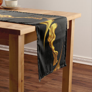 Gold Black Monochrome Opulent Swirl Liquid Designe Medium Table Runner