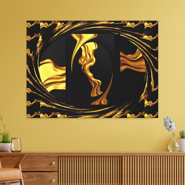 Gold Black Monochrome - Opulent Swirl Liquid Gold  Canvas Print (Insitu(LivingRoom))