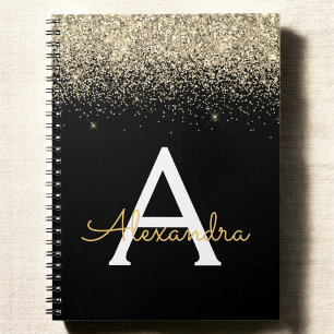 Gold Black Monogram Black Glitter Modern Notebook