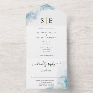 Gold Black Monogram Blue Watercolor Wedding All In One Invitation
