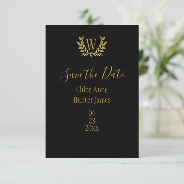 Gold Black Monogram Elegant Save The Date (Standing Front)