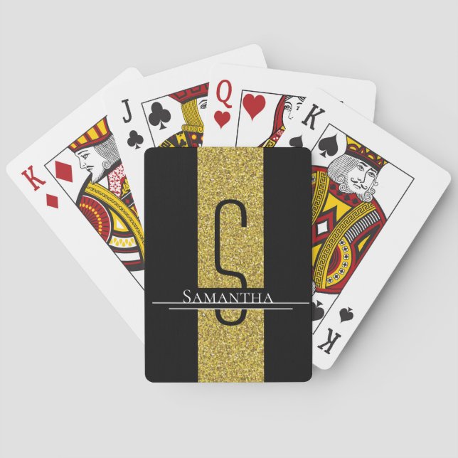 Gold Black Monogram Glitter Bicycle Playing Cards (Back)