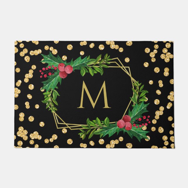 Gold Black Monogram Merry Christmas Holly Glitter Doormat (Front)