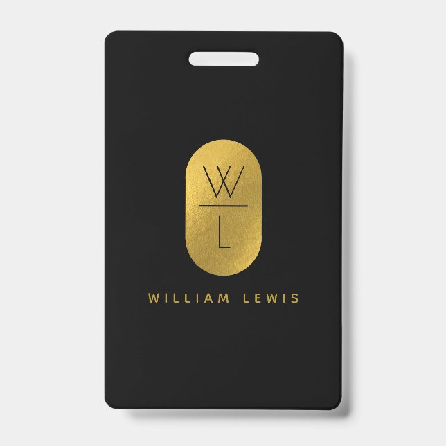 Gold & Black Monogram Modern Minimalist  Badge (Front)