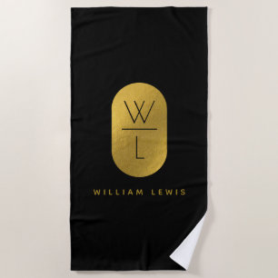 Gold & Black Monogram Modern Minimalist  Beach Towel