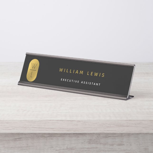 Gold & Black Monogram Modern Minimalist Desk Name Plate (Front)