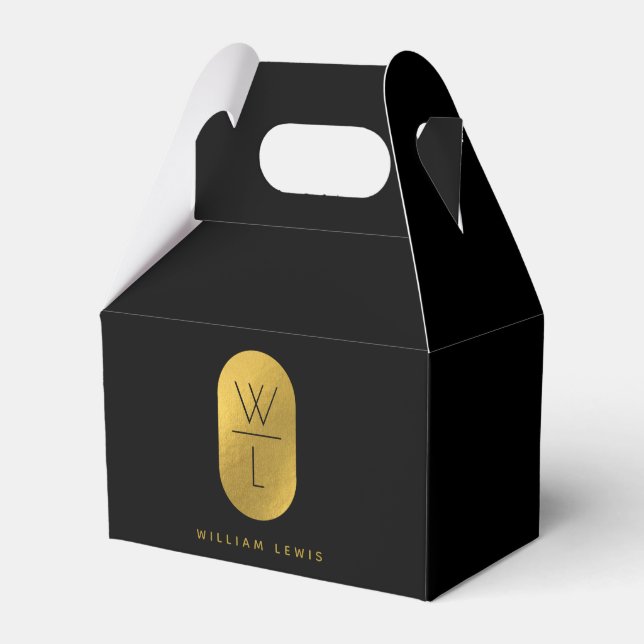 Gold & Black Monogram Modern Minimalist Favor Box (Front Side)