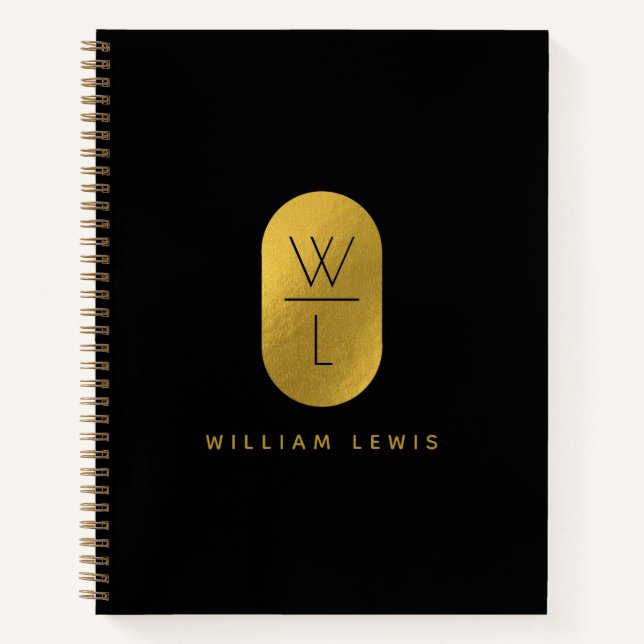Gold & Black Monogram Modern Minimalist Notebook (Front)