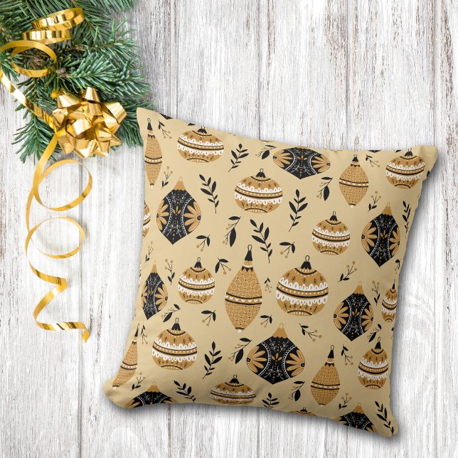 Gold Black Nordic Christmas Tree Bulbs Pattern Throw Pillow (Creator Uploaded)